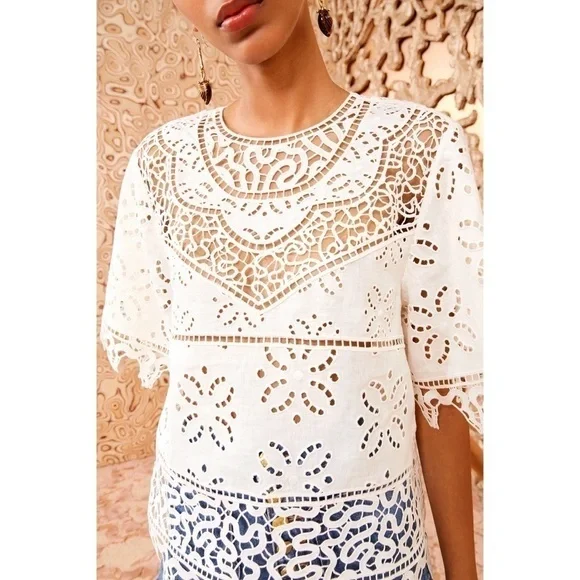 Ulla Johnson White Short-Sleeve Floral Lace Aria Eyelet Blouse